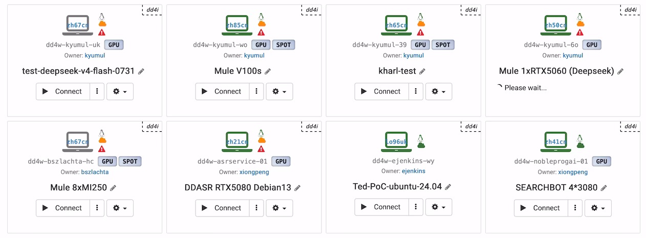 Bureaux cloud dotés de GPU répertoriés dans la console DaDesktop